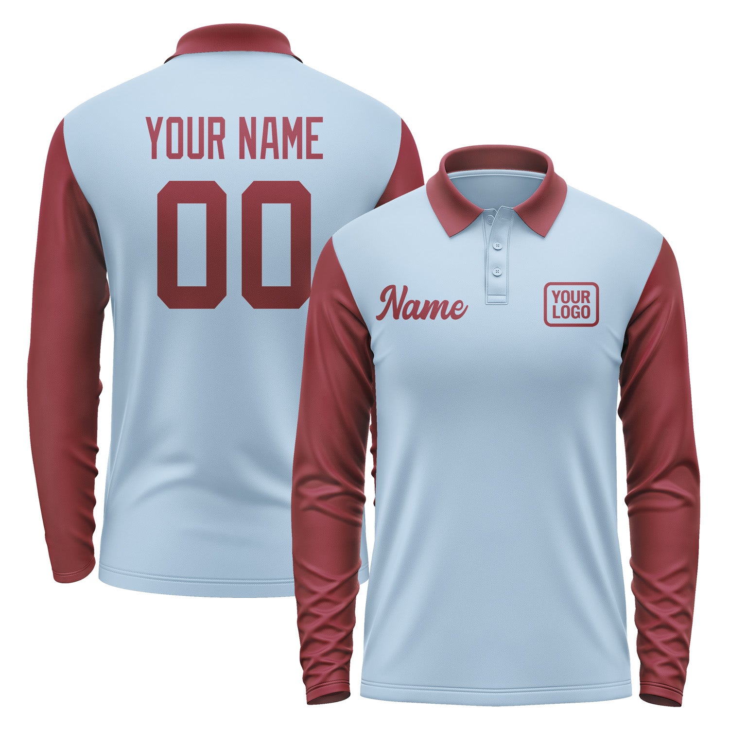 Custom Light Blue Crimson Red Long Sleeve Polo Shirt Pl081515B115