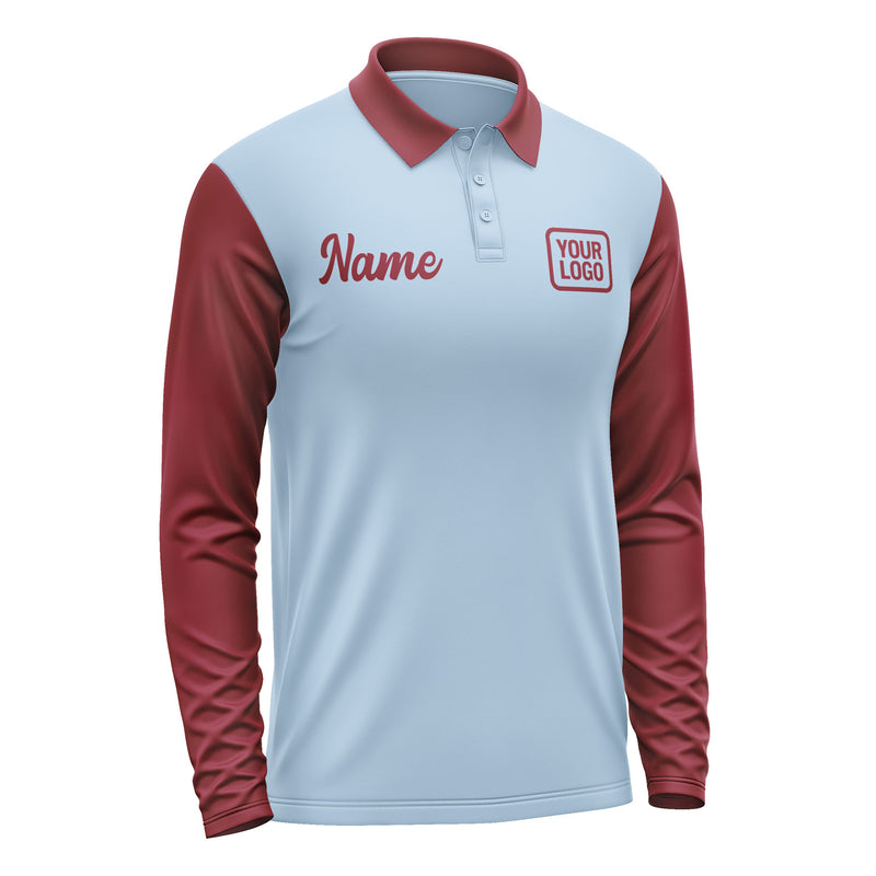 Custom Light Blue Crimson Red Long Sleeve Polo Shirt Pl081515B115