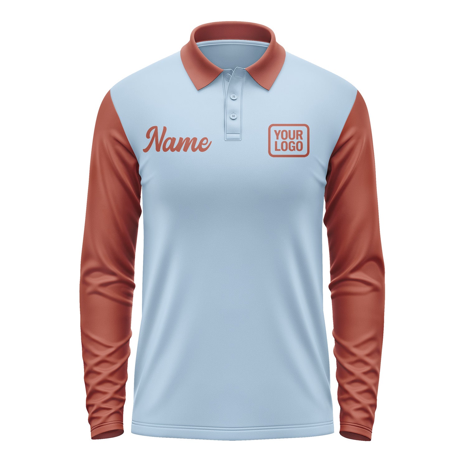 Custom Light Blue Coral Red Long Sleeve Polo Shirt Pl081616B116