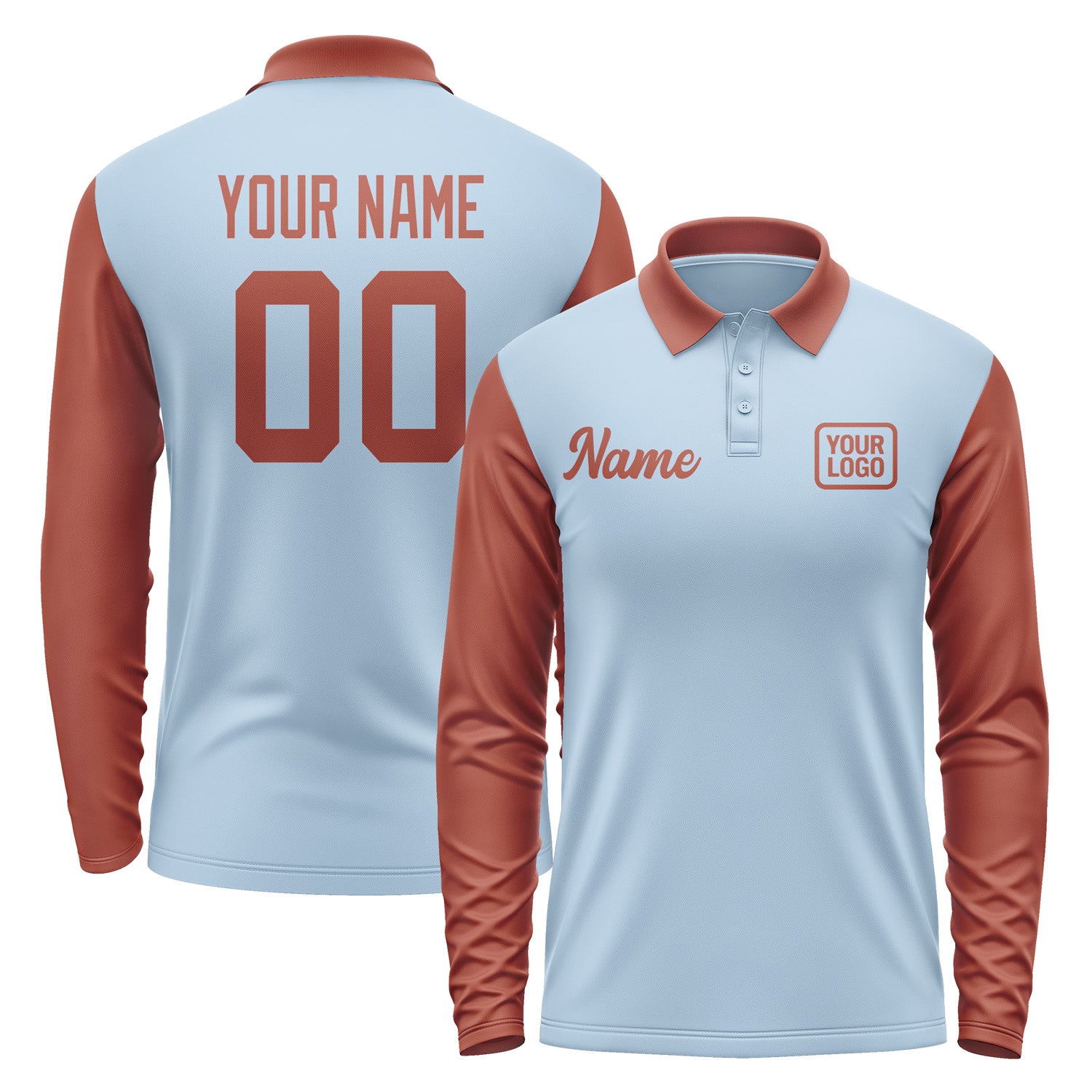Custom Light Blue Coral Red Long Sleeve Polo Shirt Pl081616B116