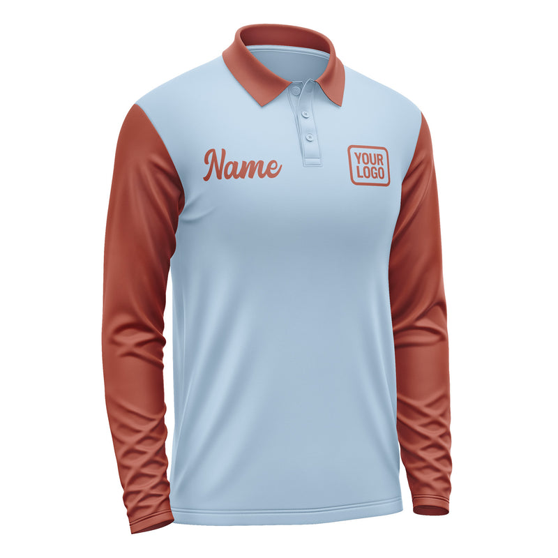 Custom Light Blue Coral Red Long Sleeve Polo Shirt Pl081616B116