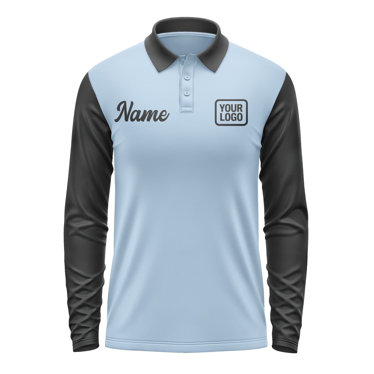 Custom Light Blue Black Long Sleeve Polo Shirt Pl081717B117