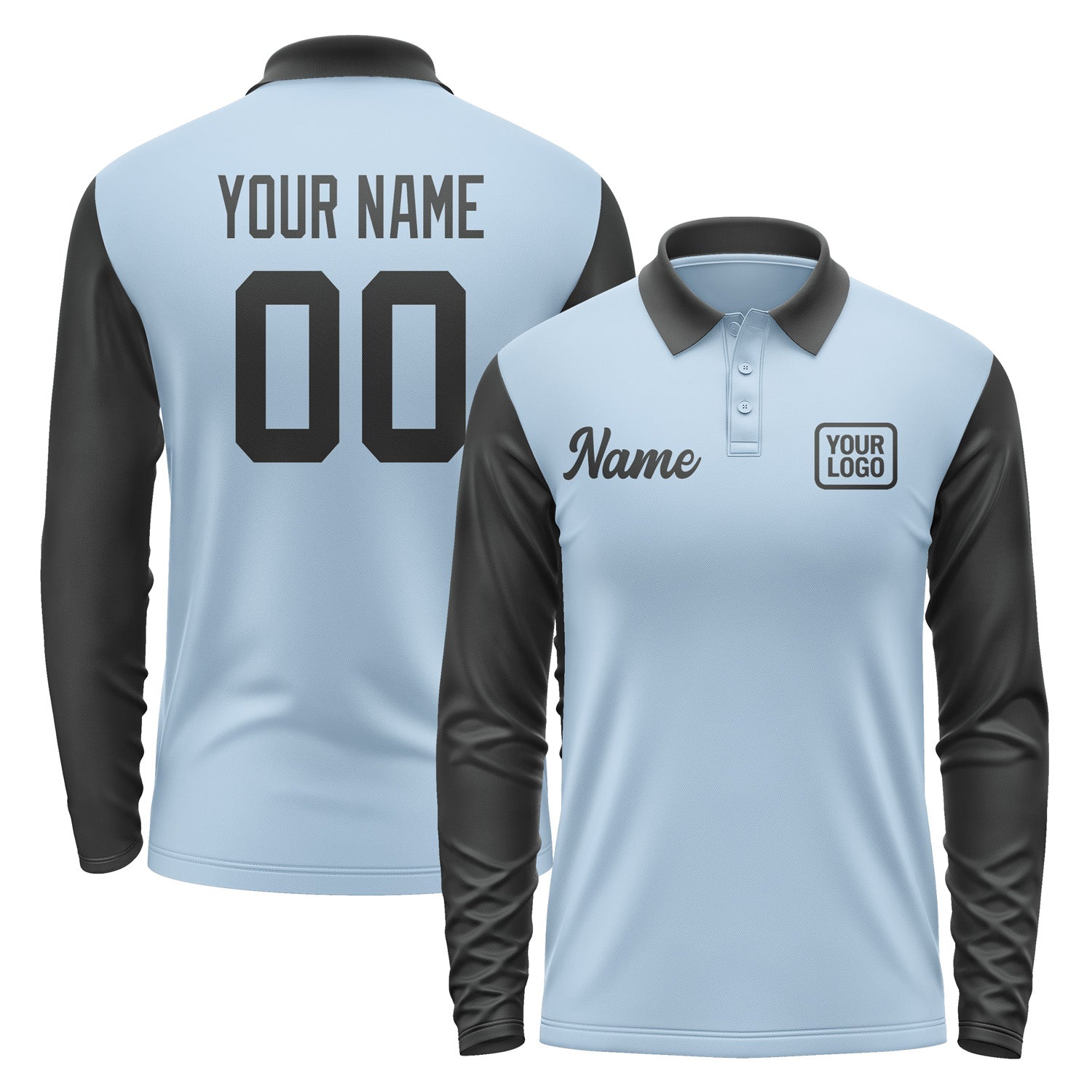 Custom Light Blue Black Long Sleeve Polo Shirt Pl081717B117