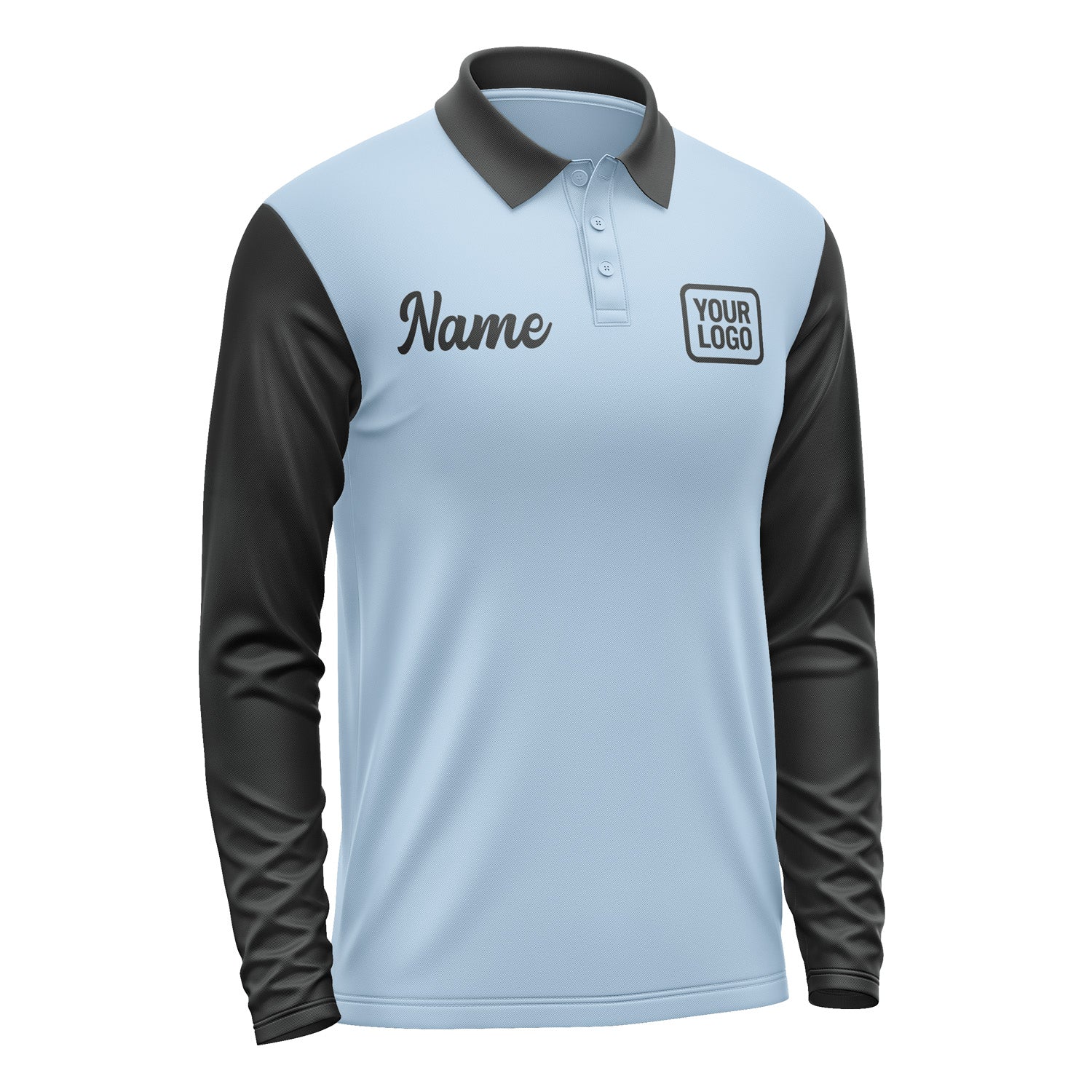 Custom Light Blue Black Long Sleeve Polo Shirt Pl081717B117