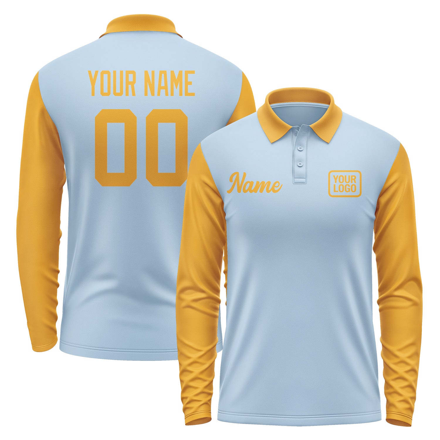 Custom Light Blue Yellow Long Sleeve Polo Shirt Pl081919B119