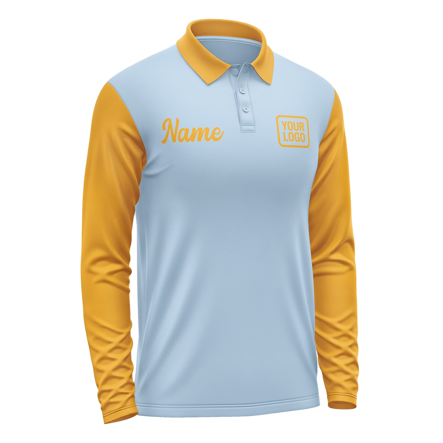 Custom Light Blue Yellow Long Sleeve Polo Shirt Pl081919B119