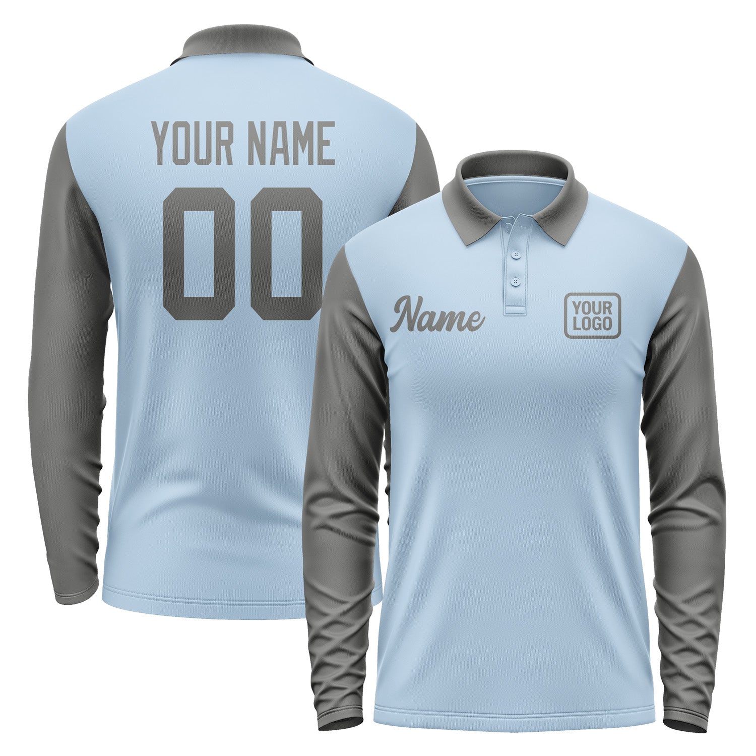 Custom Light Blue Dark Grey Long Sleeve Polo Shirt Pl082020B120