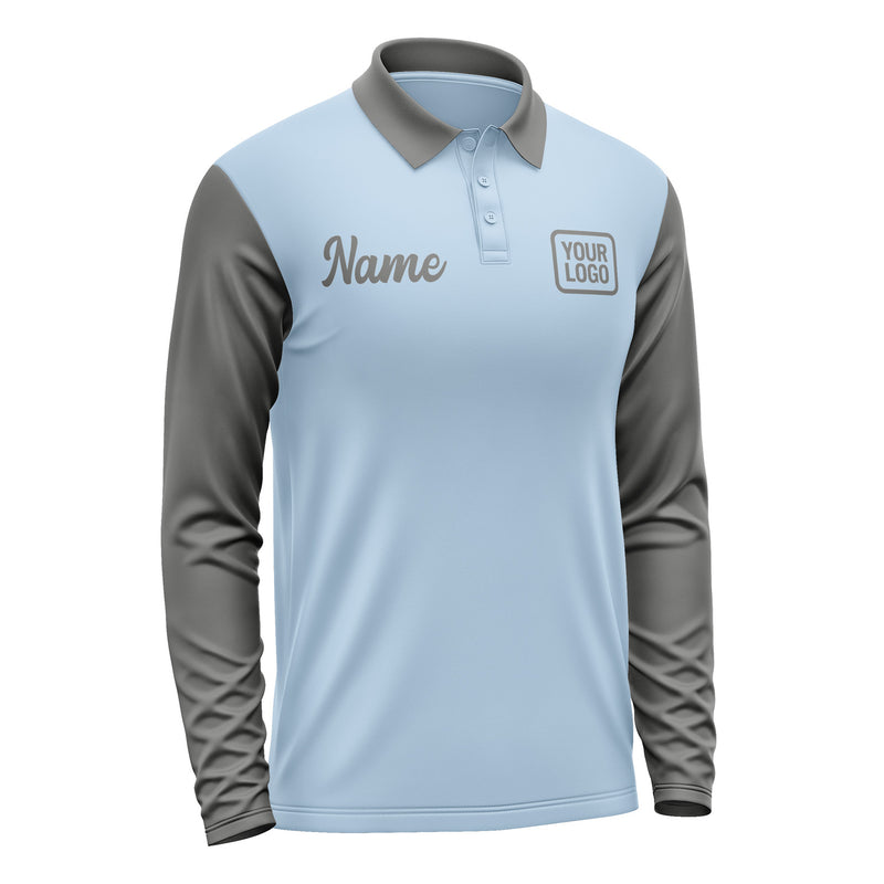 Custom Light Blue Dark Grey Long Sleeve Polo Shirt Pl082020B120