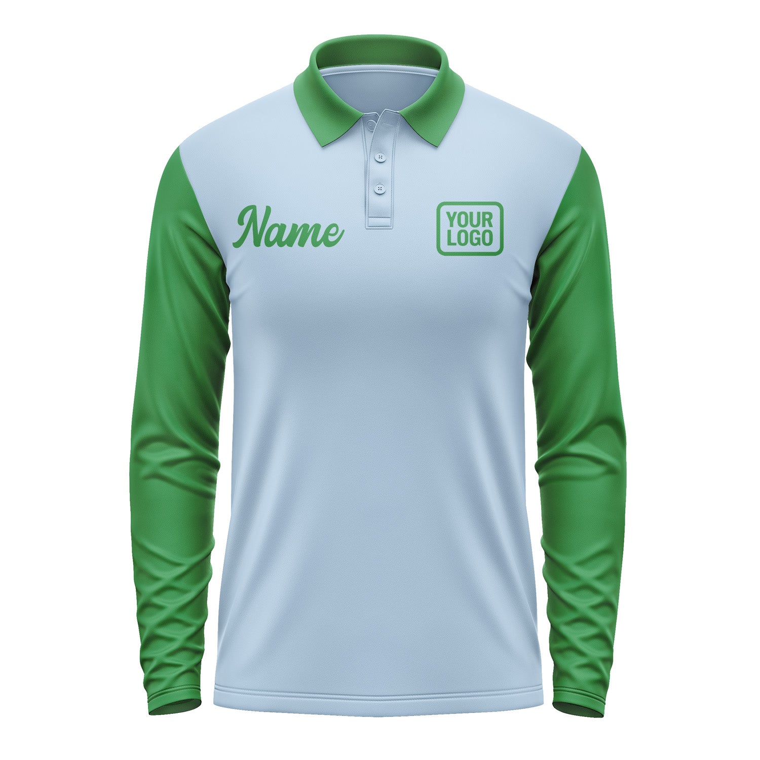Custom Light Blue Emerald Green Long Sleeve Polo Shirt Pl082424B124
