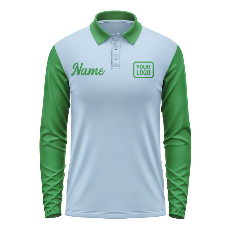 Custom Light Blue Emerald Green Long Sleeve Polo Shirt Pl082424B124