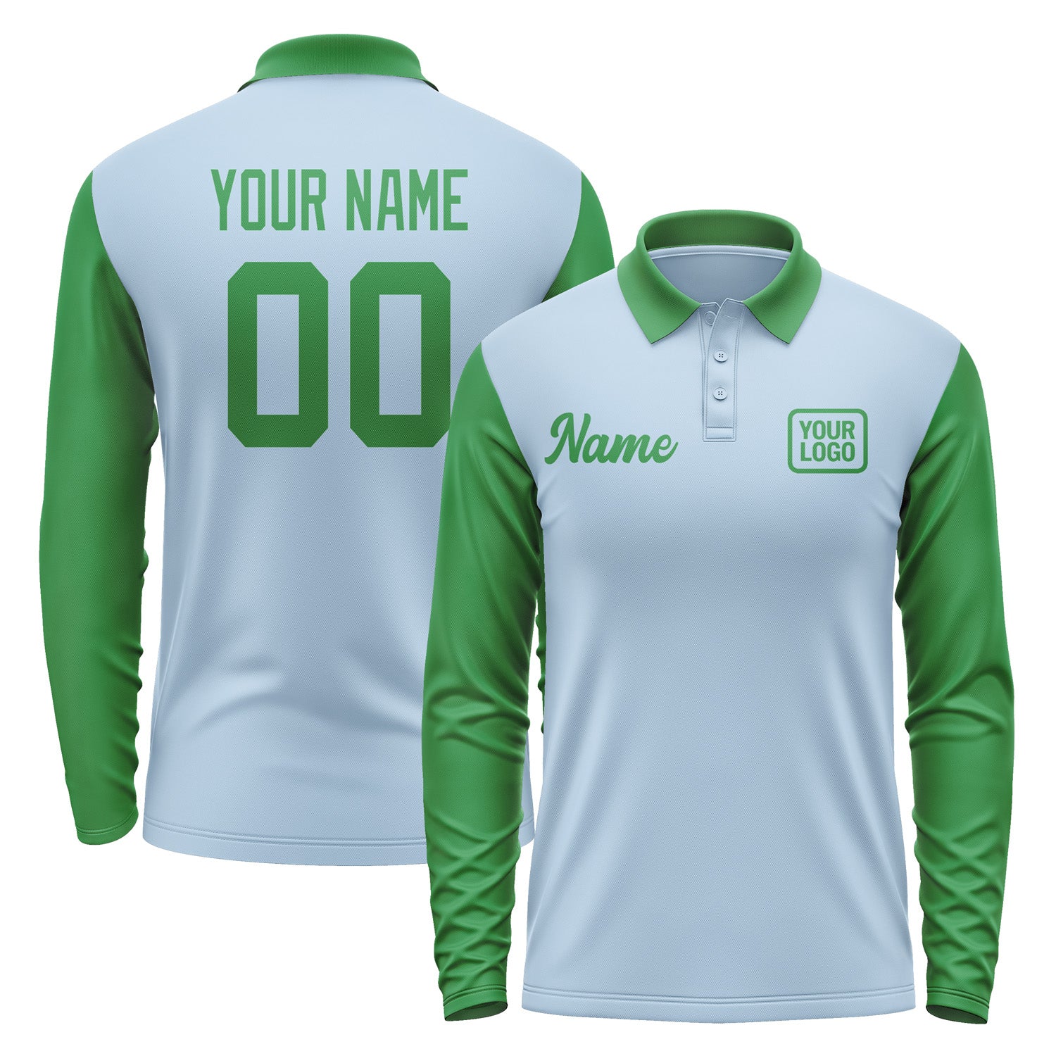 Custom Light Blue Emerald Green Long Sleeve Polo Shirt Pl082424B124