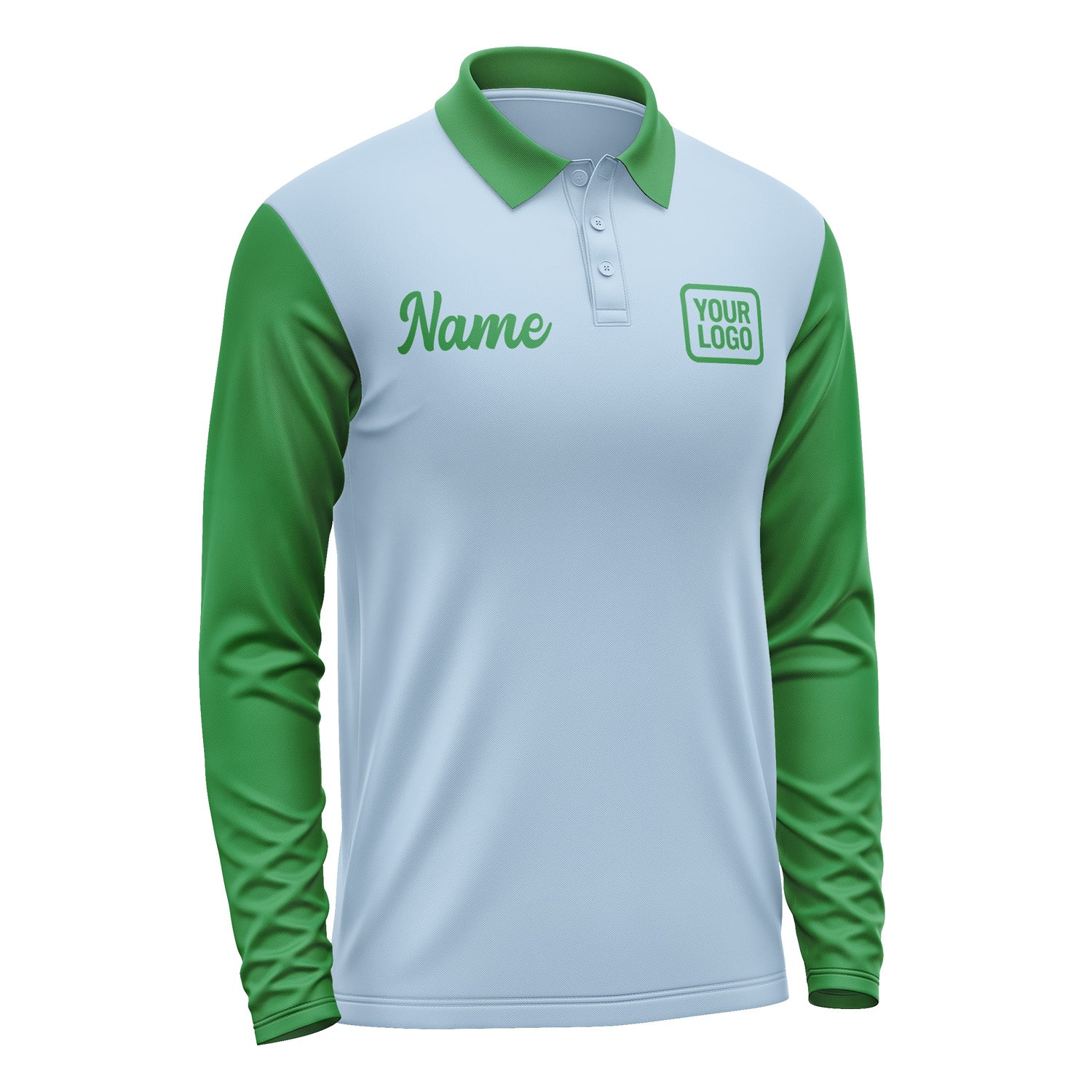 Custom Light Blue Emerald Green Long Sleeve Polo Shirt Pl082424B124