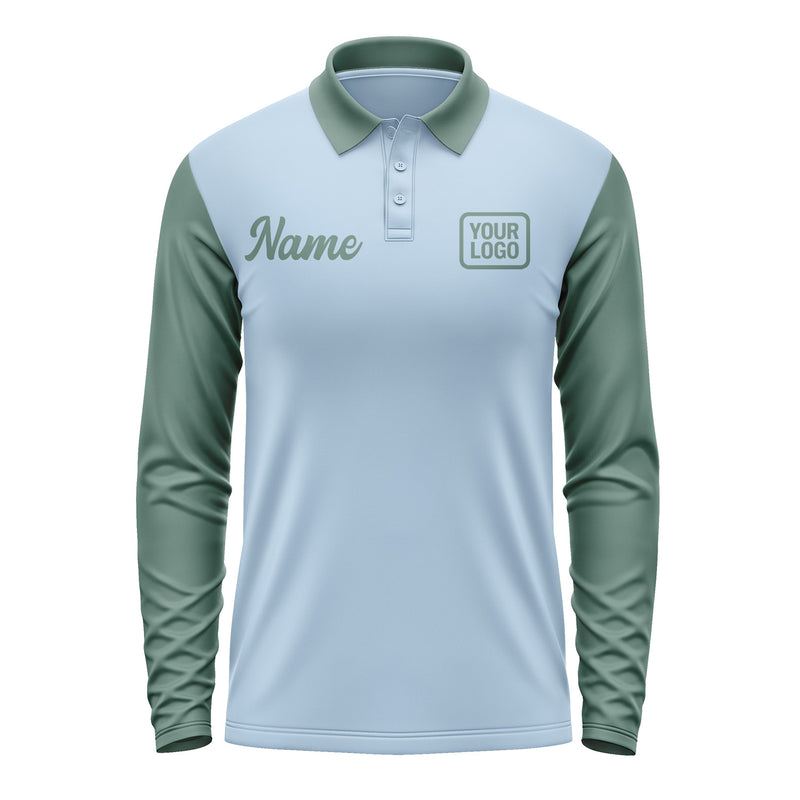 Custom Light Blue Blue Green Long Sleeve Polo Shirt Pl082727B127