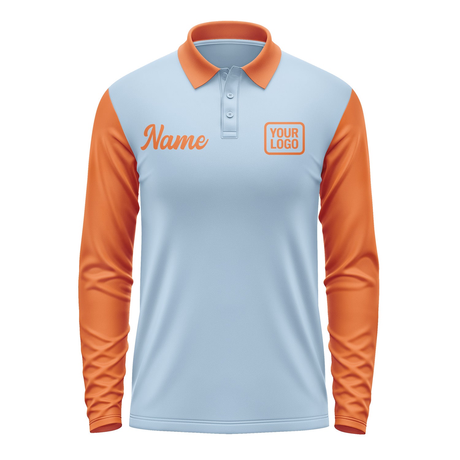 Custom Light Blue Orange Long Sleeve Polo Shirt Pl082828B128