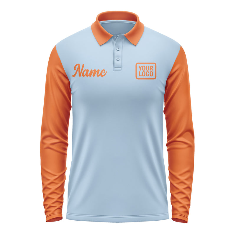 Custom Light Blue Orange Long Sleeve Polo Shirt Pl082828B128