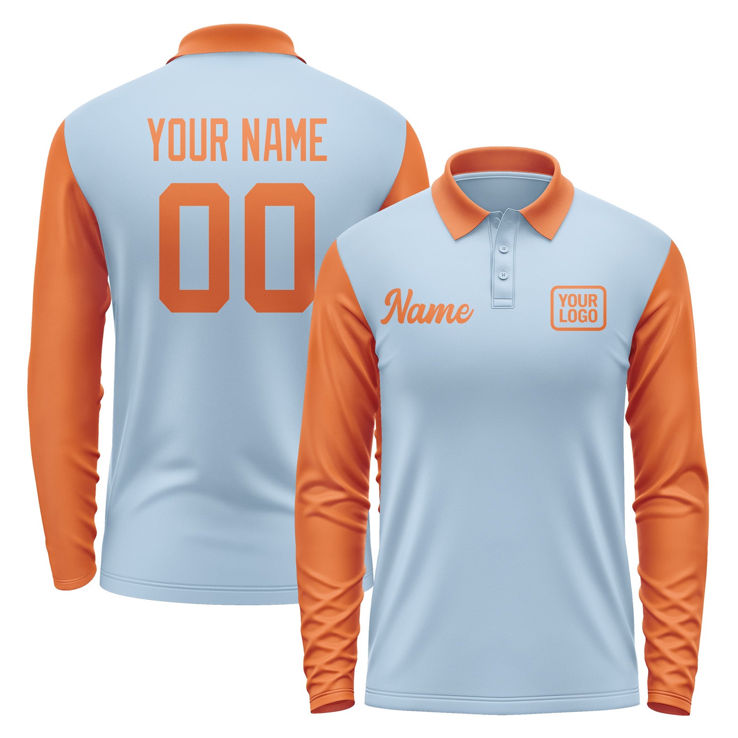 Custom Light Blue Orange Long Sleeve Polo Shirt Pl082828B128