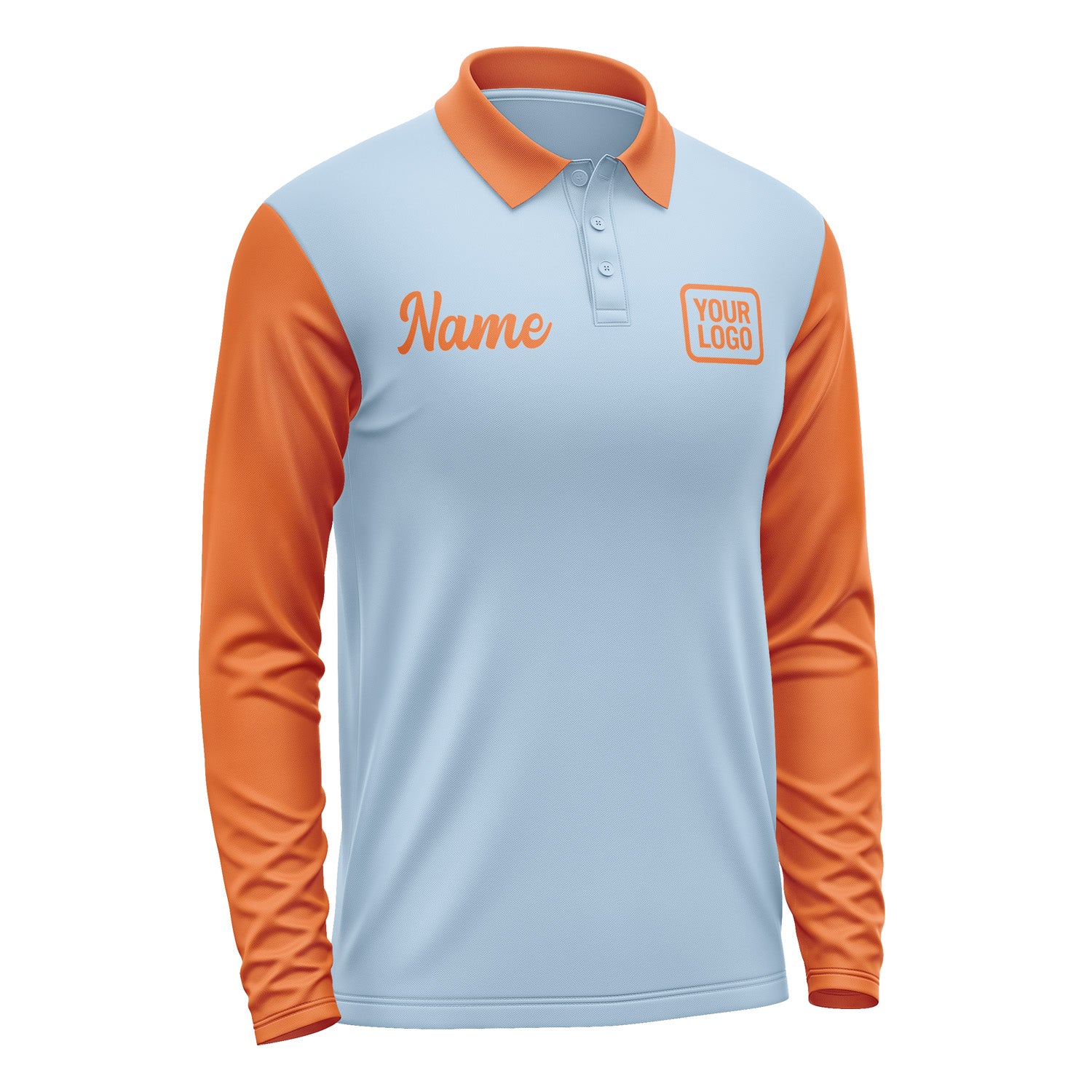 Custom Light Blue Orange Long Sleeve Polo Shirt Pl082828B128