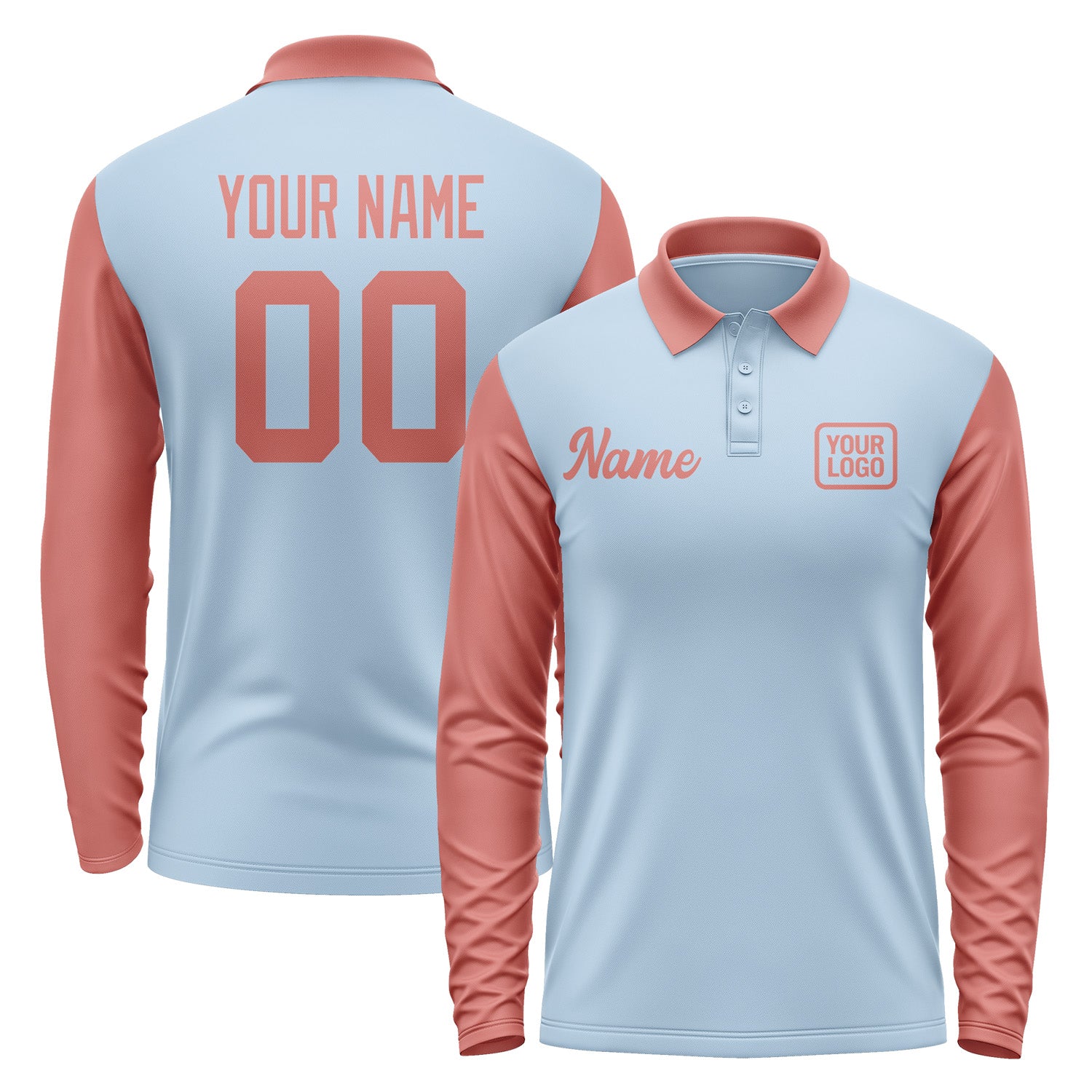 Custom Light Blue Copper Rose Long Sleeve Polo Shirt Pl082929B129