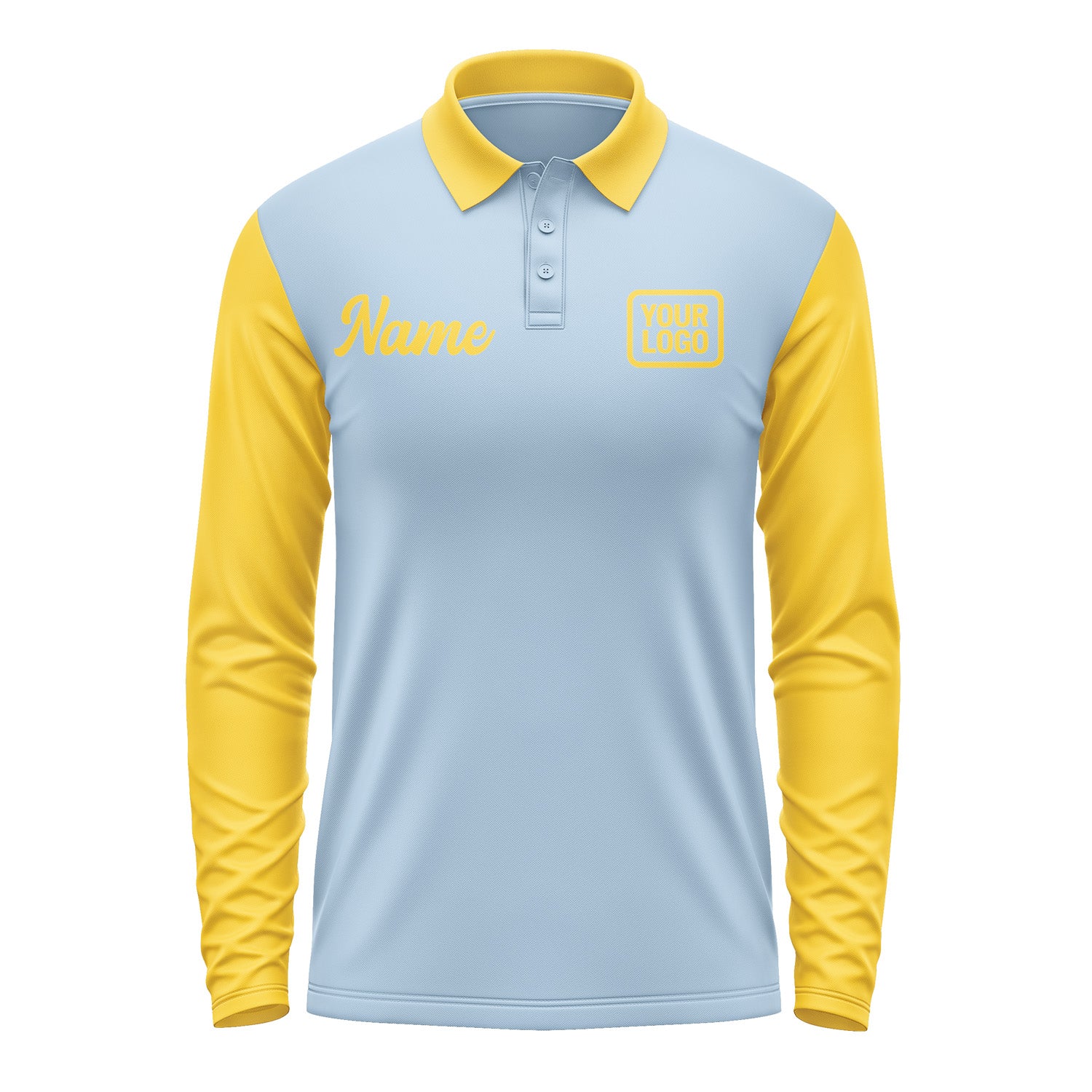 Custom Light Blue Gold Long Sleeve Polo Shirt Pl083030B130