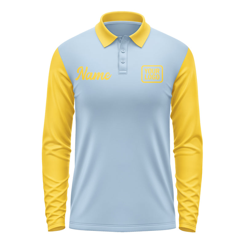 Custom Light Blue Gold Long Sleeve Polo Shirt Pl083030B130