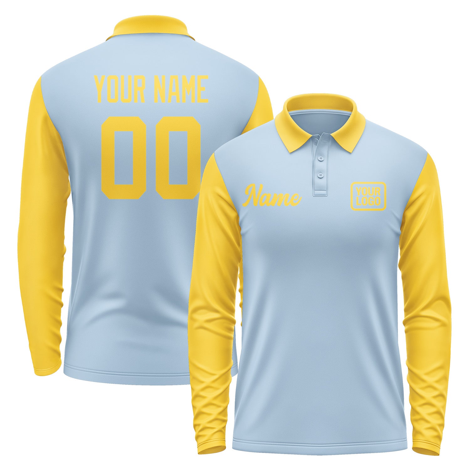 Custom Light Blue Gold Long Sleeve Polo Shirt Pl083030B130