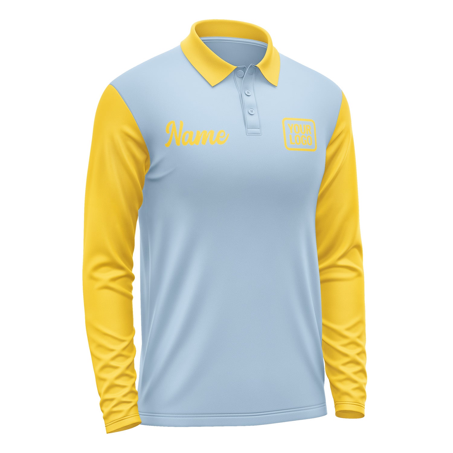 Custom Light Blue Gold Long Sleeve Polo Shirt Pl083030B130
