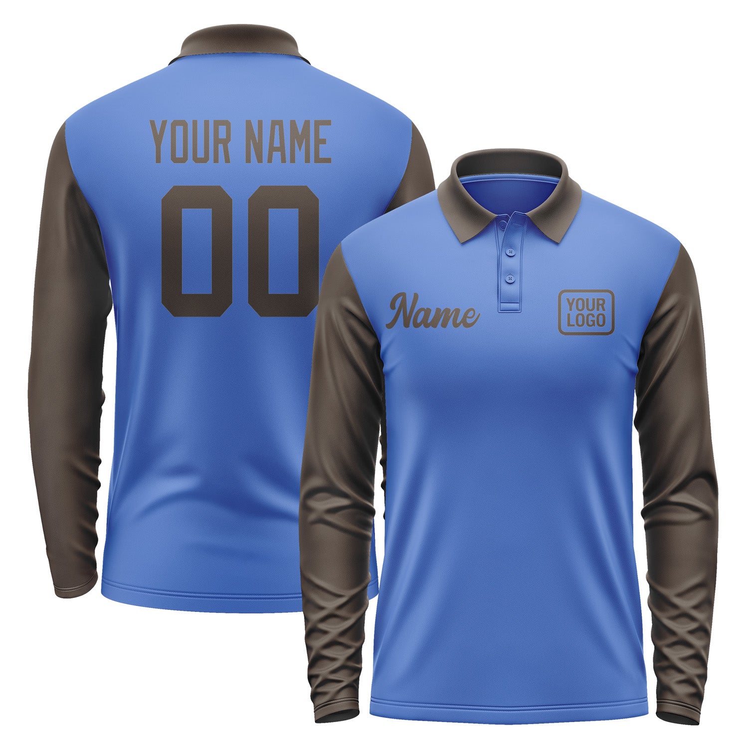 Custom Sky Blue Brown Long Sleeve Polo Shirt Pl090101B101