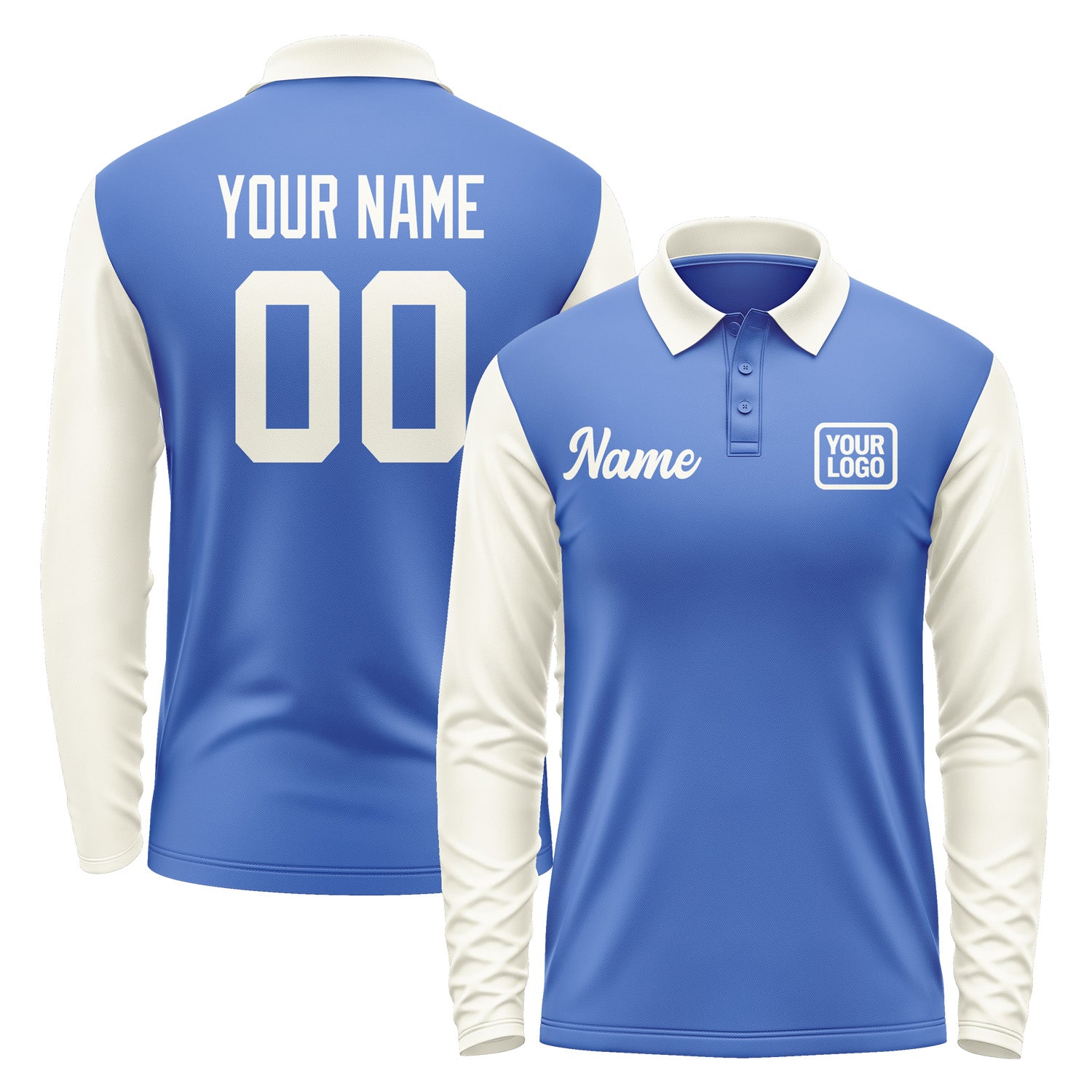 Custom Sky Blue Cream Long Sleeve Polo Shirt Pl090303B103