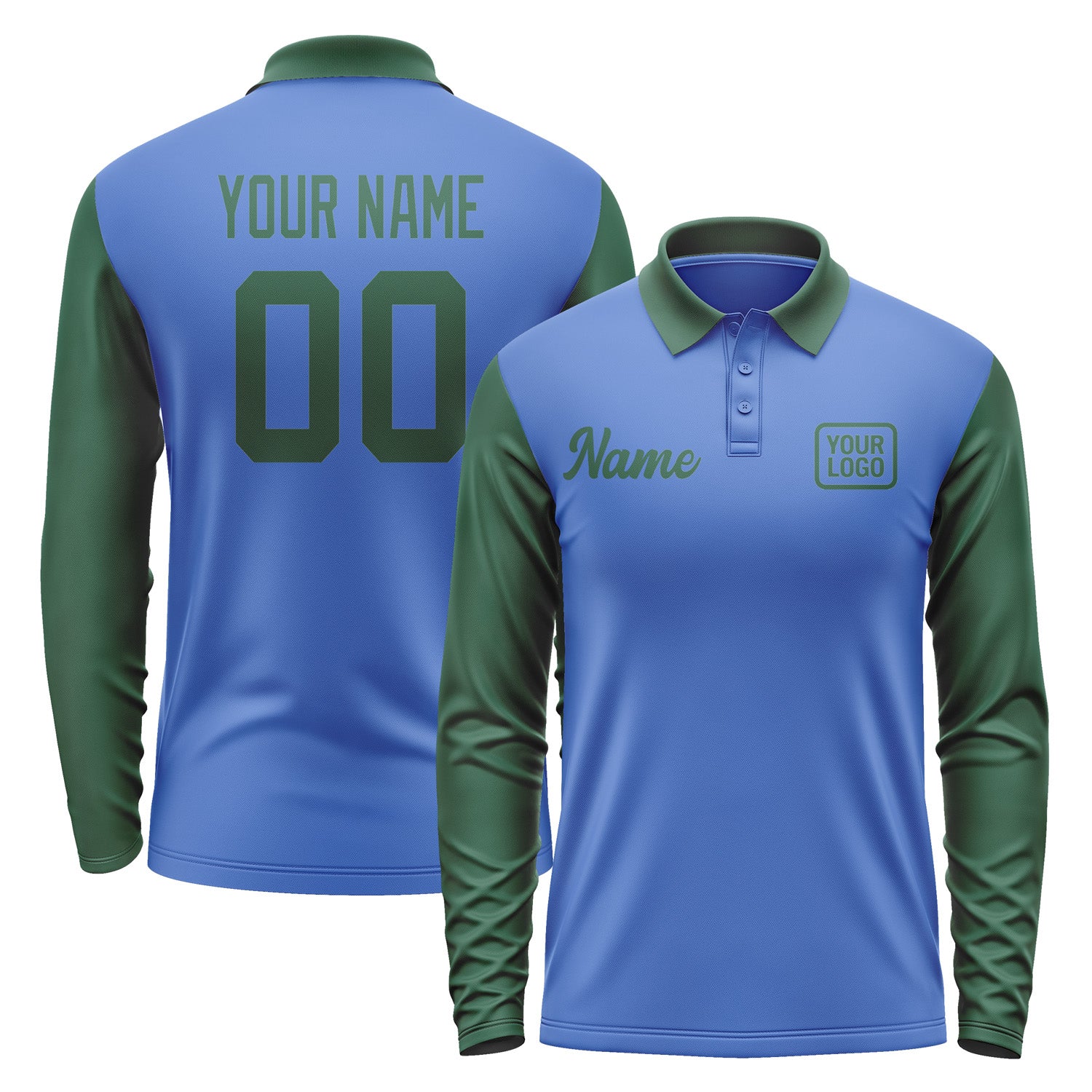 Custom Sky Blue Green Long Sleeve Polo Shirt Pl090505B105