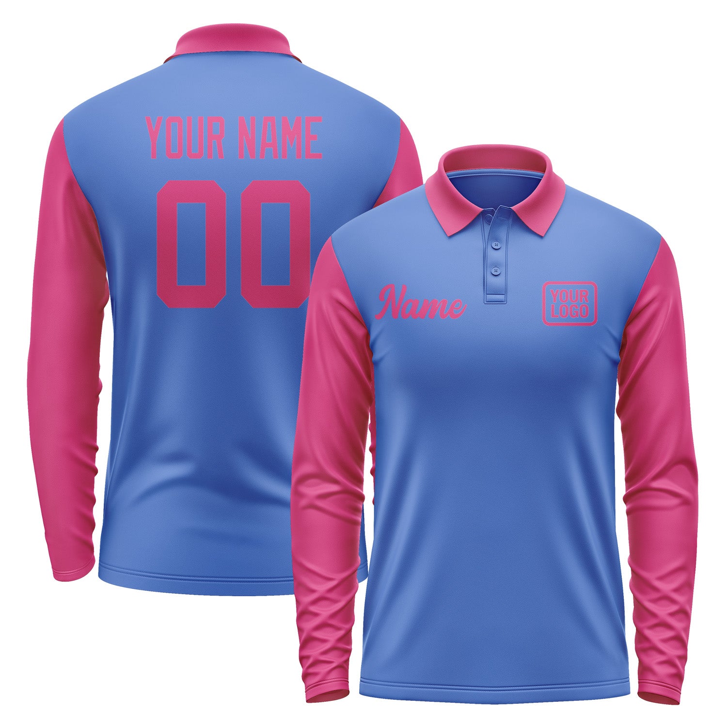 Custom Sky Blue Pink Long Sleeve Polo Shirt Pl091313B113