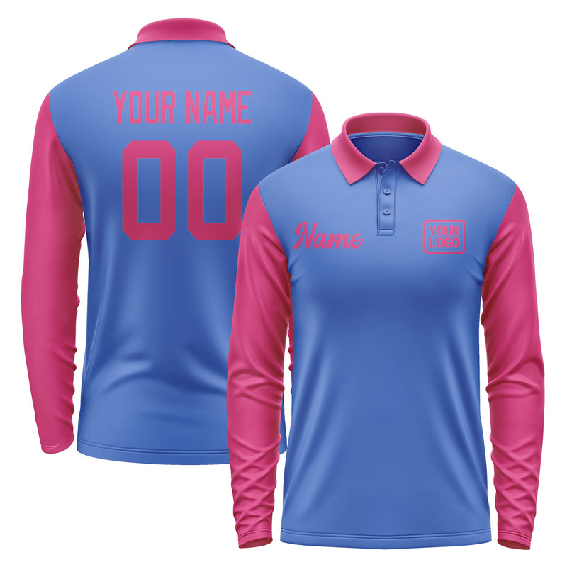 Custom Sky Blue Pink Long Sleeve Polo Shirt Pl091313B113