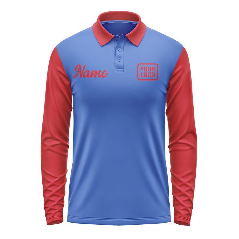 Custom Sky Blue Red Long Sleeve Polo Shirt Pl091414B114