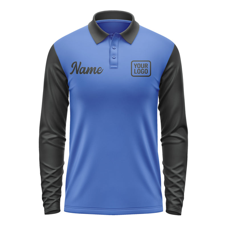Custom Sky Blue Black Long Sleeve Polo Shirt Pl091717B117