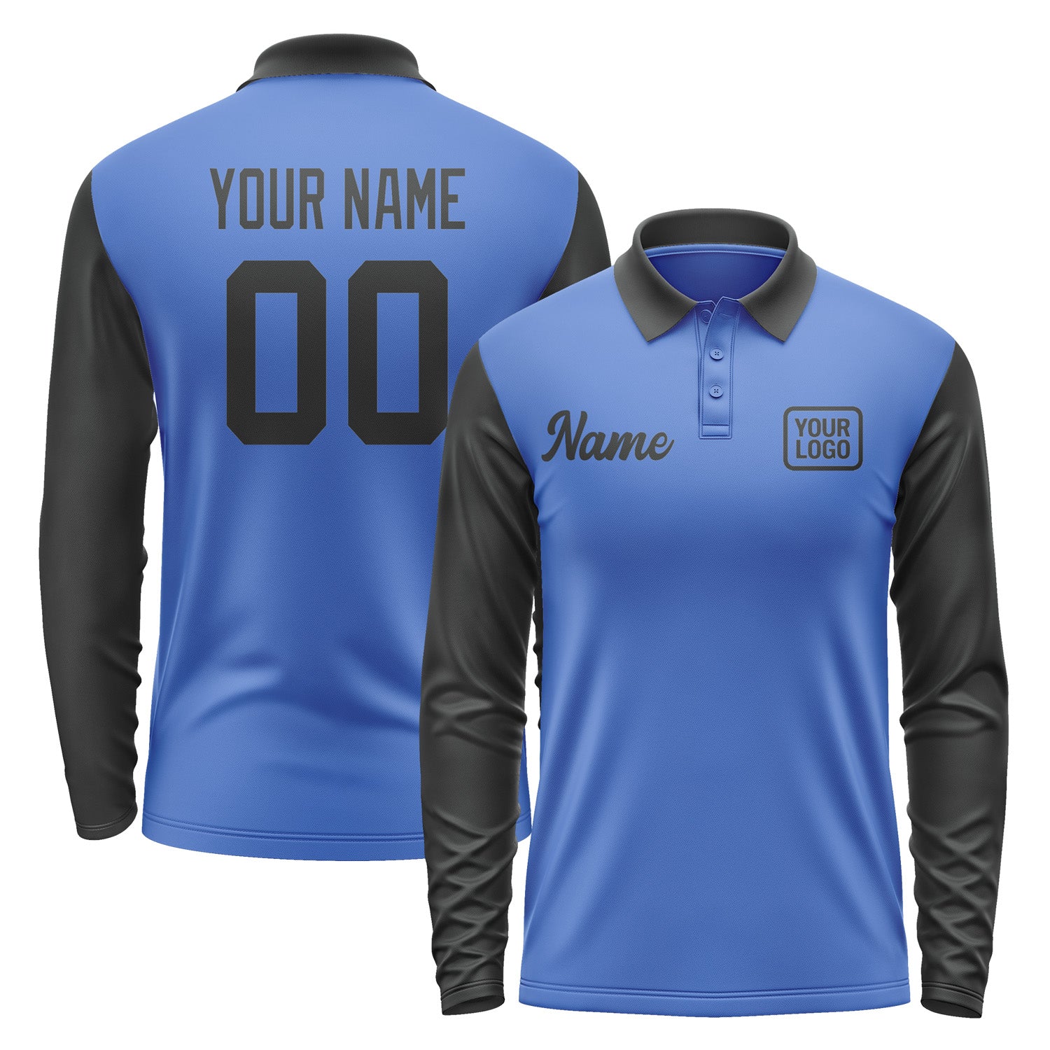 Custom Sky Blue Black Long Sleeve Polo Shirt Pl091717B117