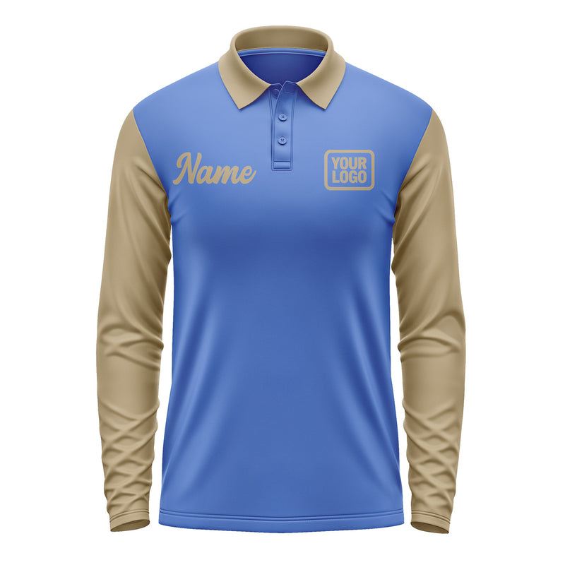 Custom Sky Blue Light Khaki Long Sleeve Polo Shirt Pl092525B125