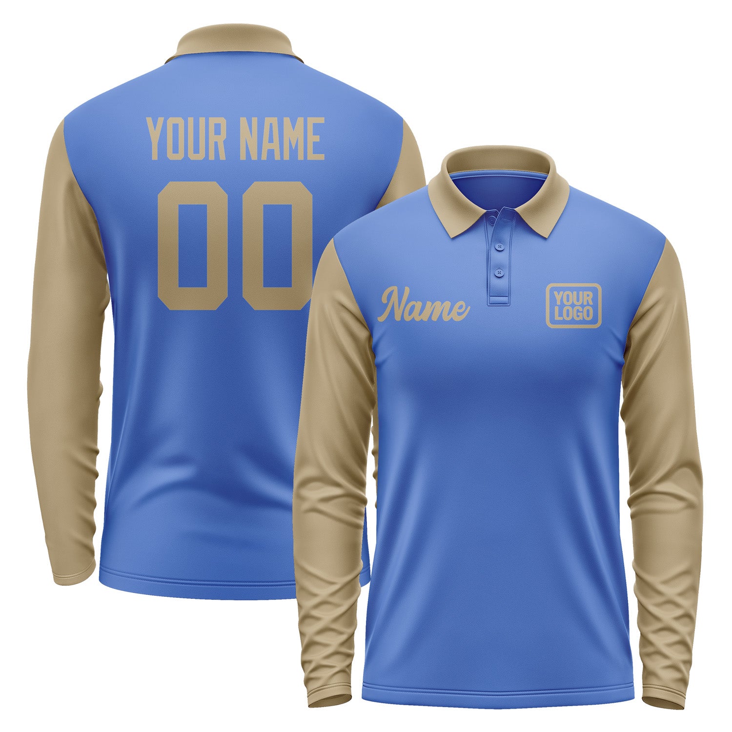Custom Sky Blue Light Khaki Long Sleeve Polo Shirt Pl092525B125
