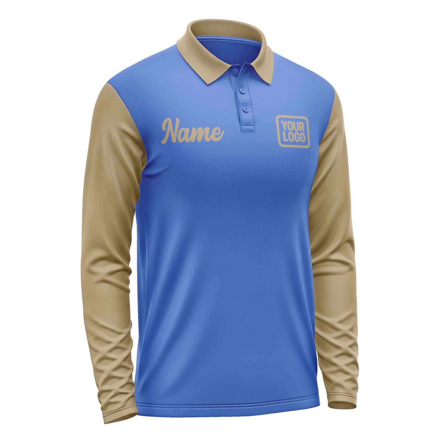 Custom Sky Blue Light Khaki Long Sleeve Polo Shirt Pl092525B125