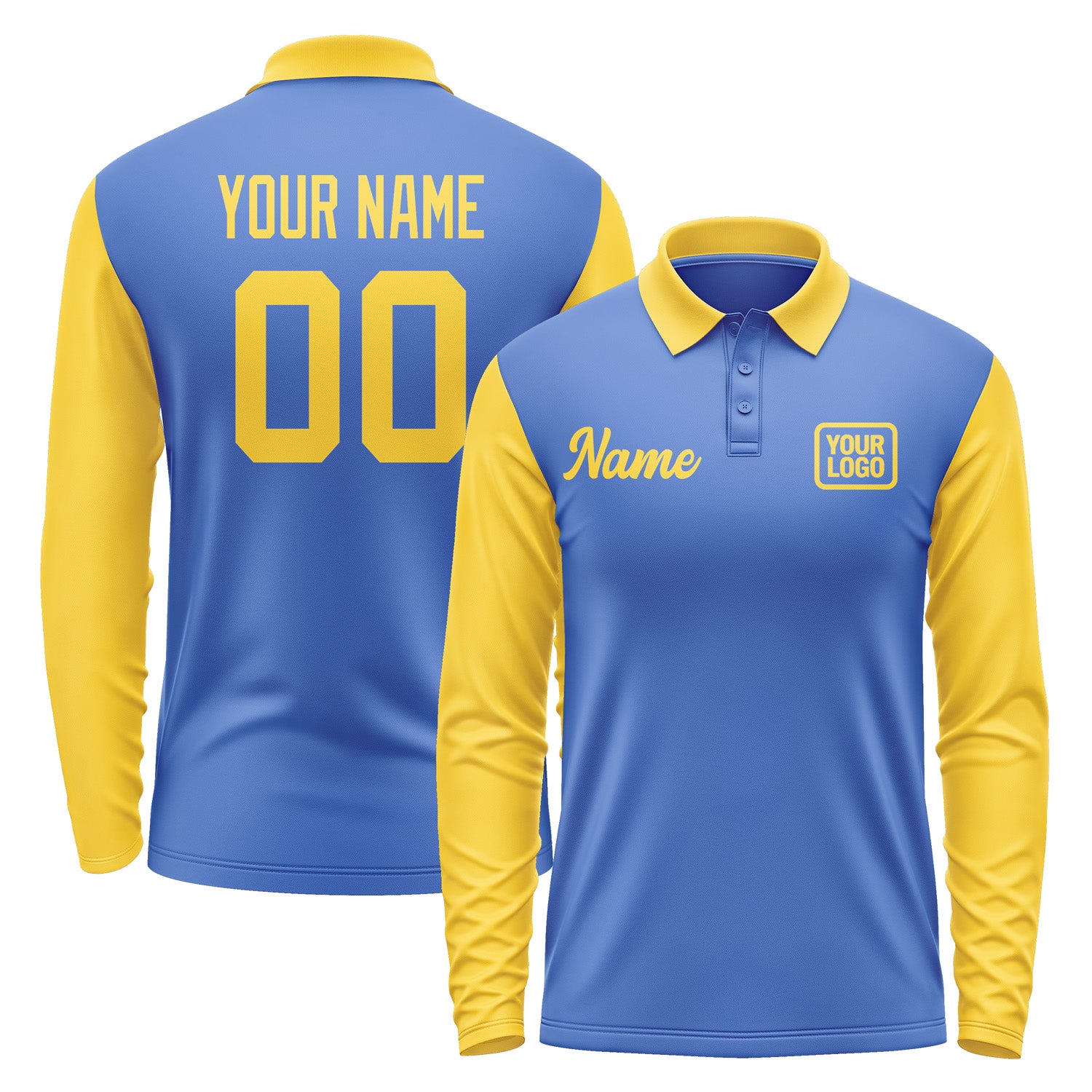 Custom Sky Blue Gold Long Sleeve Polo Shirt Pl093030B130