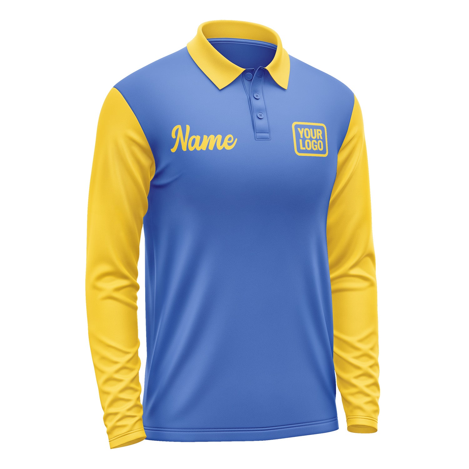 Custom Sky Blue Gold Long Sleeve Polo Shirt Pl093030B130