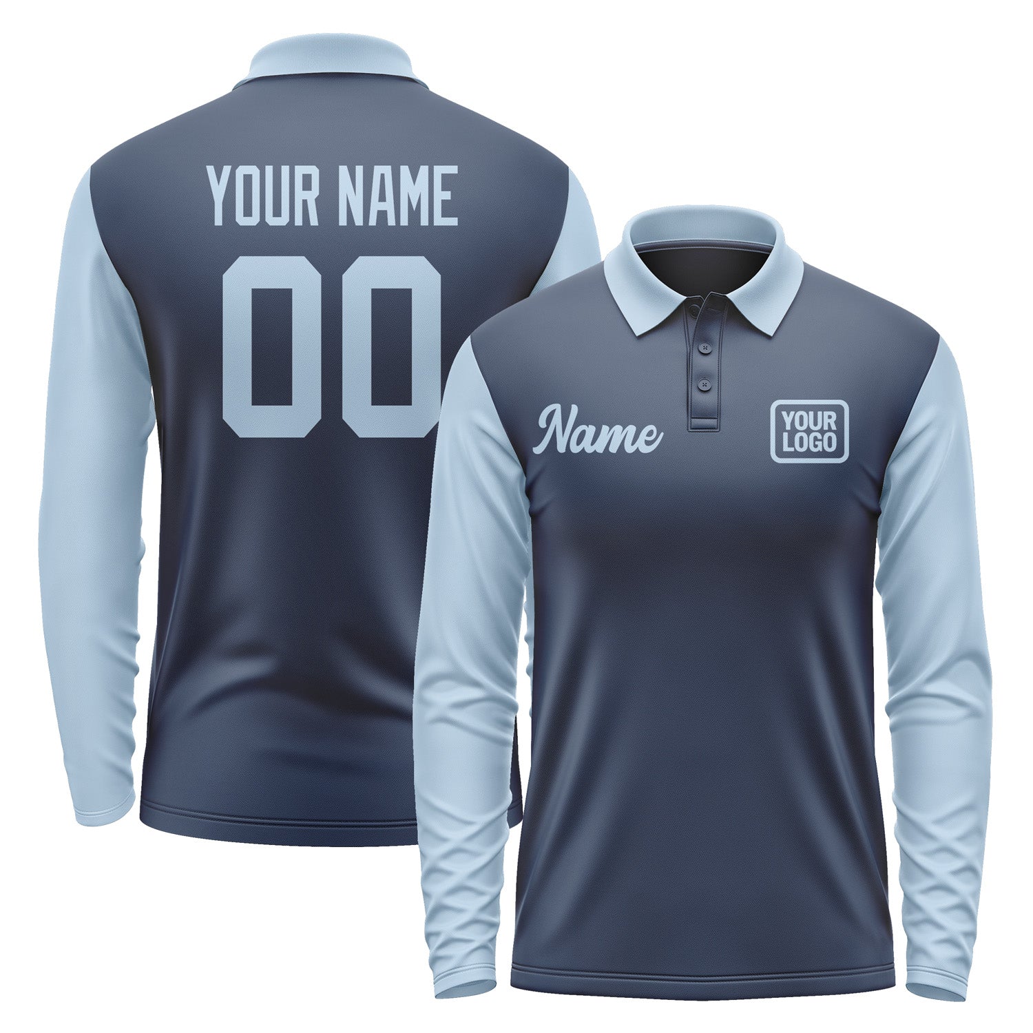 Custom Blue Light Blue Long Sleeve Polo Shirt Pl100808B108