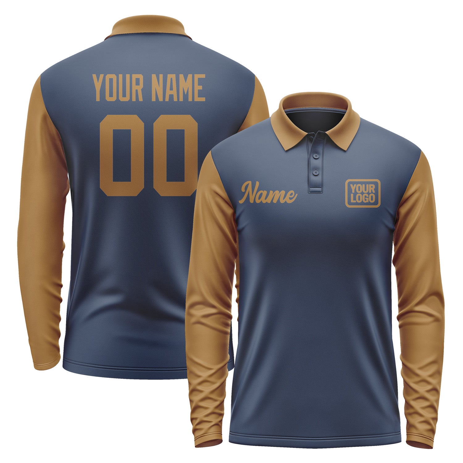 Custom Blue Khaki Long Sleeve Polo Shirt Pl102222B122