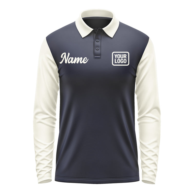 Custom Navy Cream Long Sleeve Polo Shirt Pl110303B103