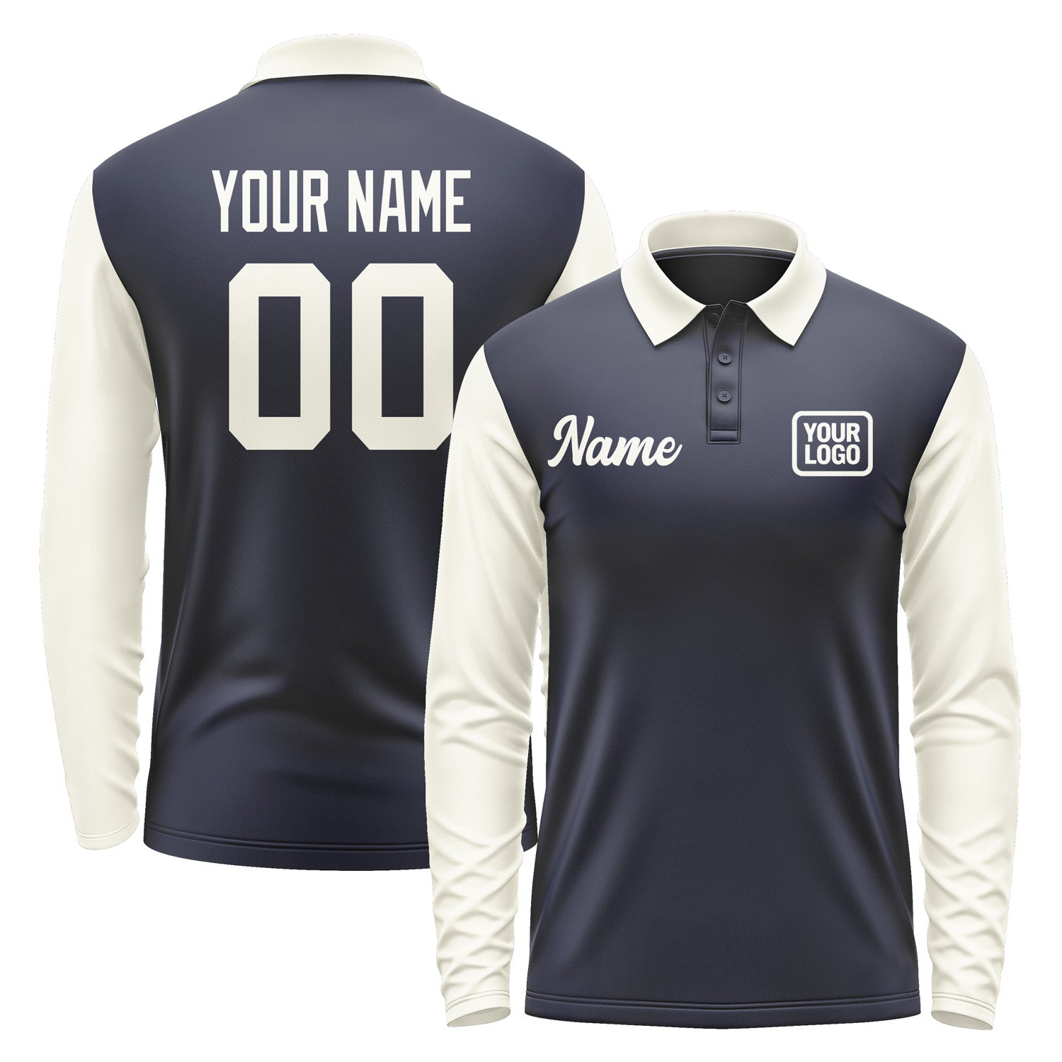 Custom Navy Cream Long Sleeve Polo Shirt Pl110303B103