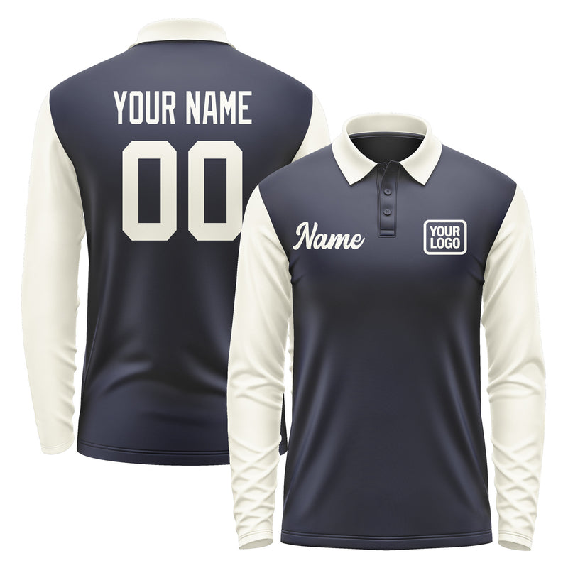 Custom Navy Cream Long Sleeve Polo Shirt Pl110303B103