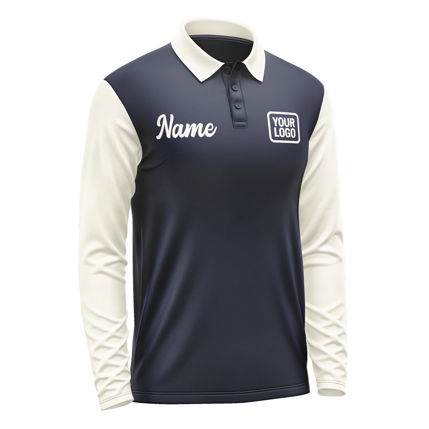 Custom Navy Cream Long Sleeve Polo Shirt Pl110303B103