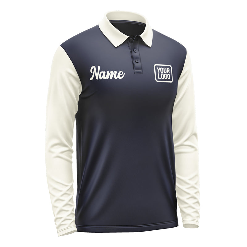Custom Navy Cream Long Sleeve Polo Shirt Pl110303B103