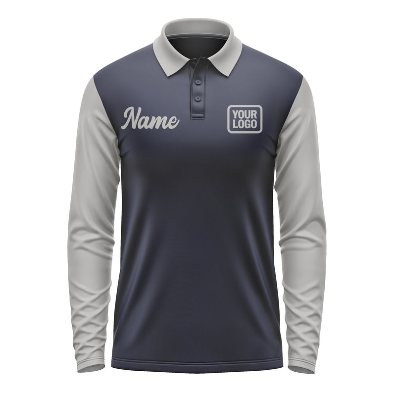 Custom Navy Gray Long Sleeve Polo Shirt Pl110404B104