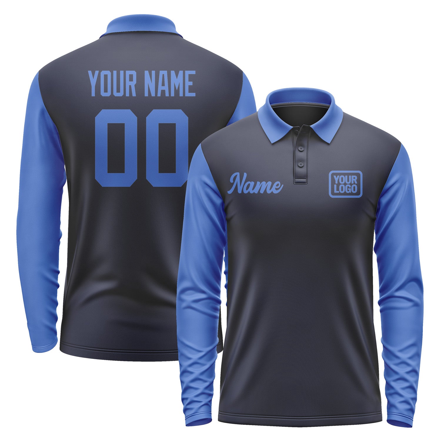 Custom Navy Sky Blue Long Sleeve Polo Shirt Pl110909B109