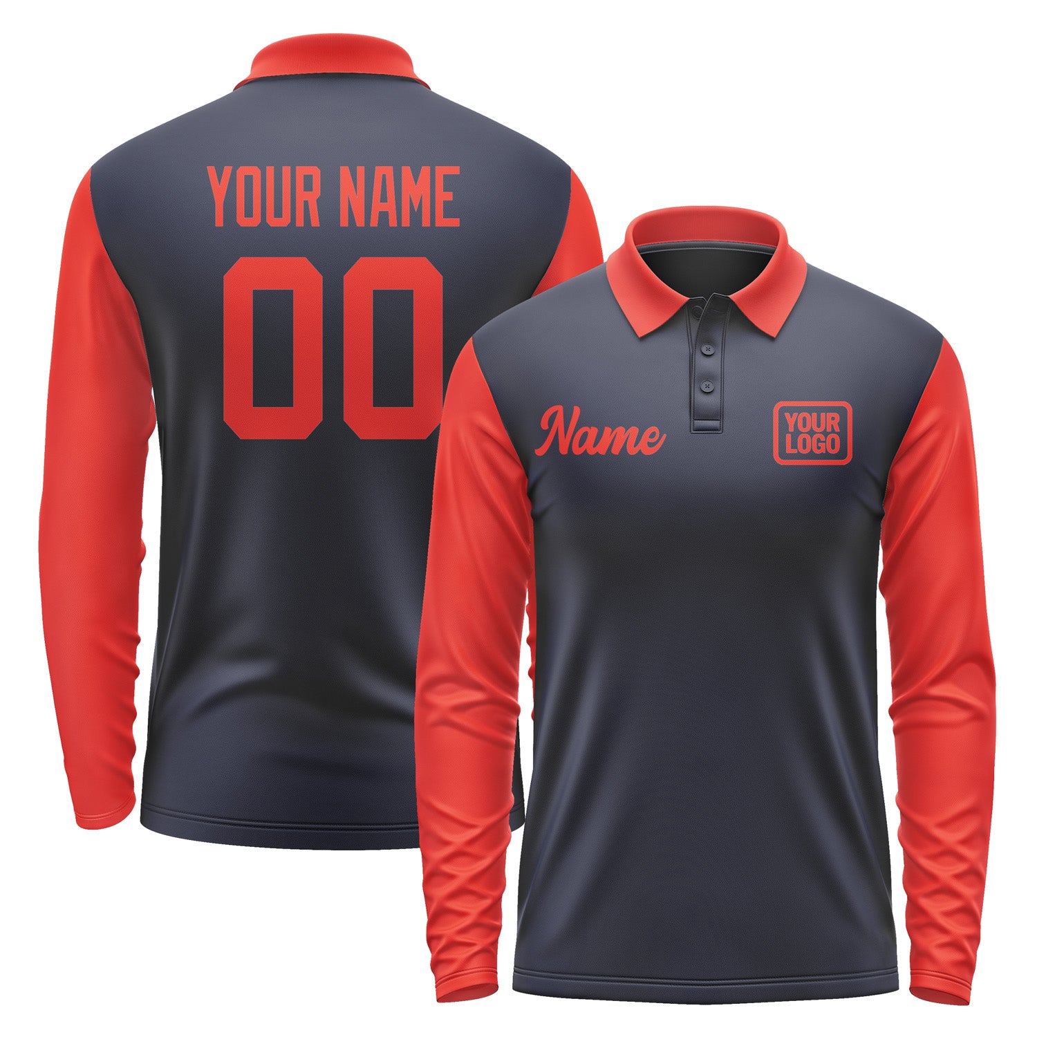 Custom Navy Orange Red Long Sleeve Polo Shirt Pl111212B112