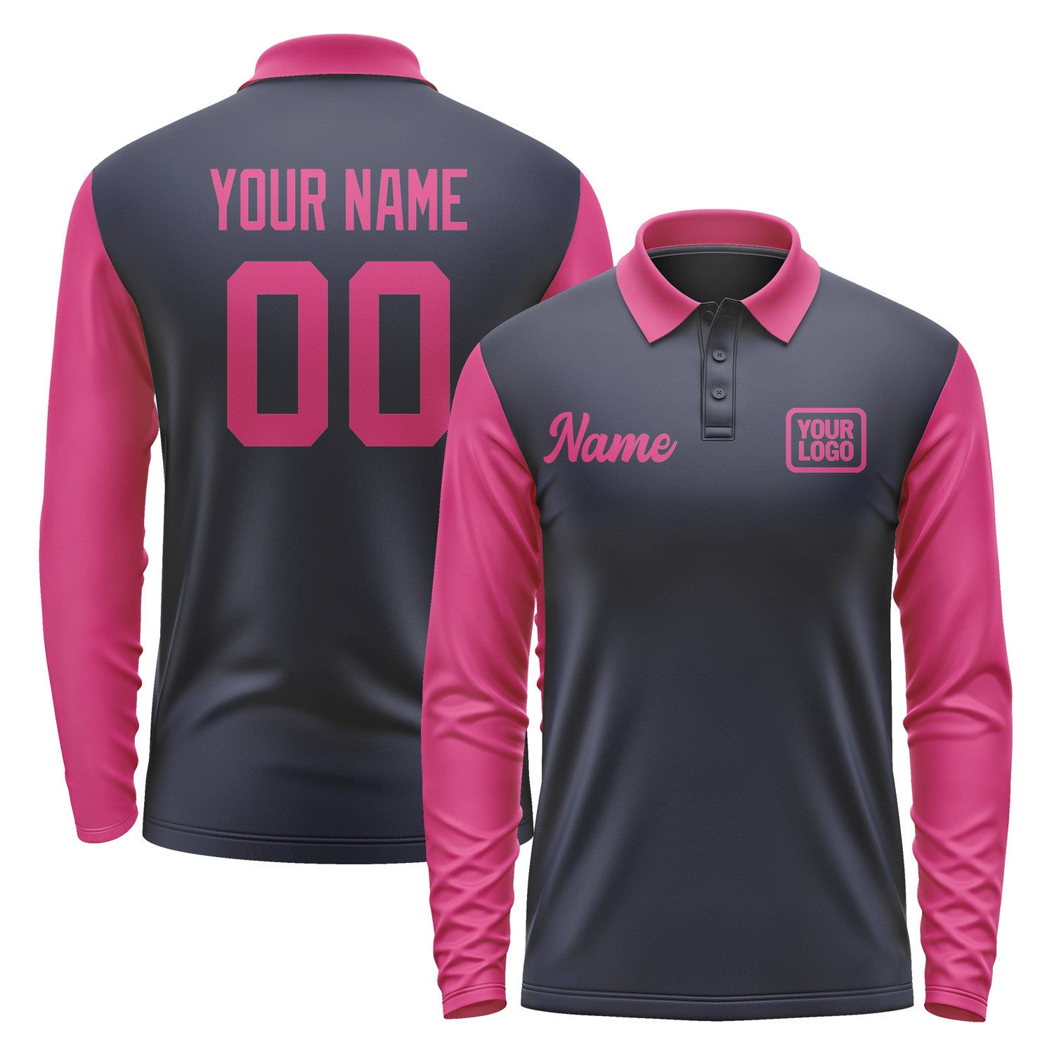 Custom Navy Pink Long Sleeve Polo Shirt Pl111313B113